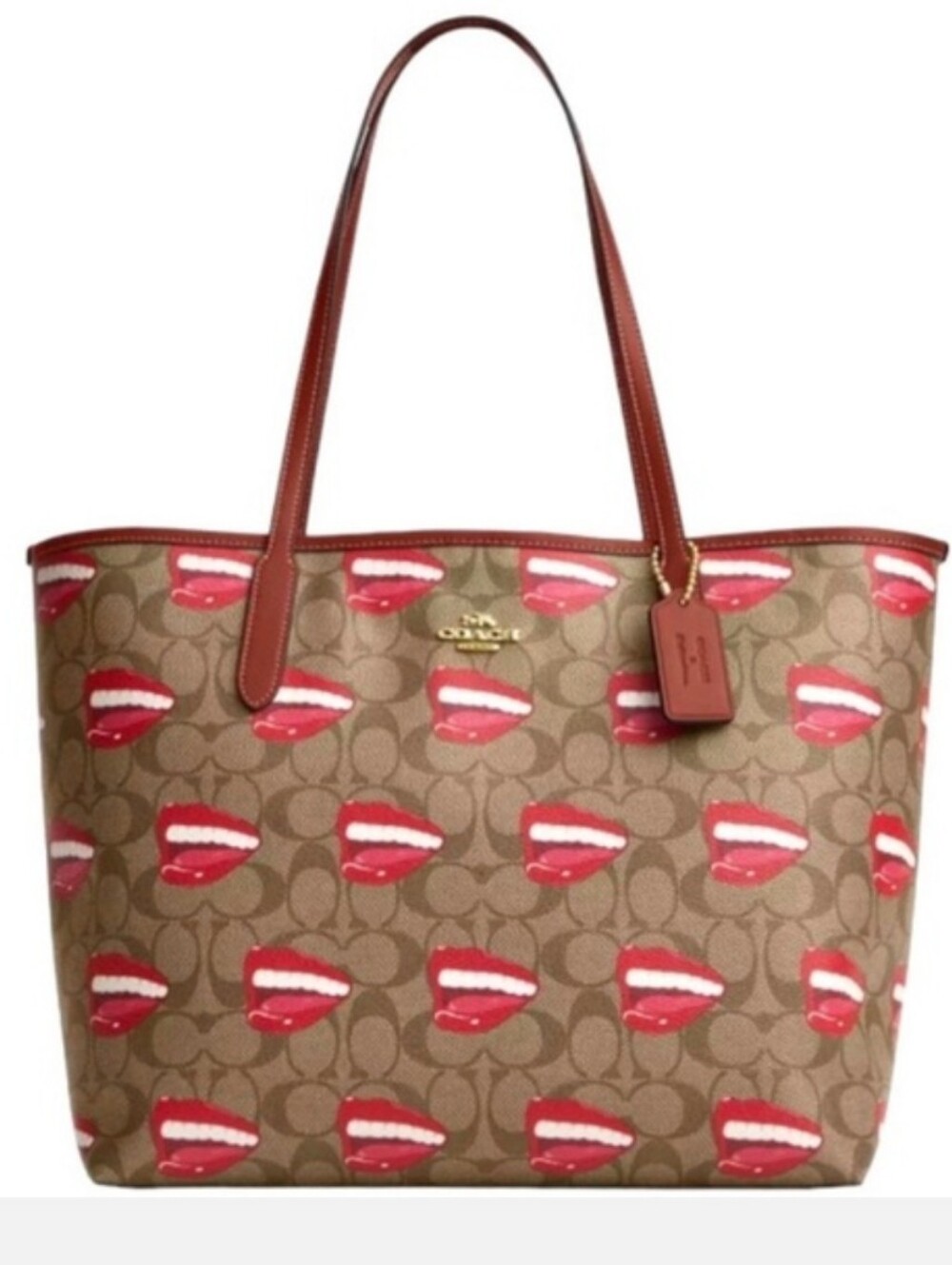 Coach Signature Tom Wesselmann Coated Canvas Tote with Red Lip Print